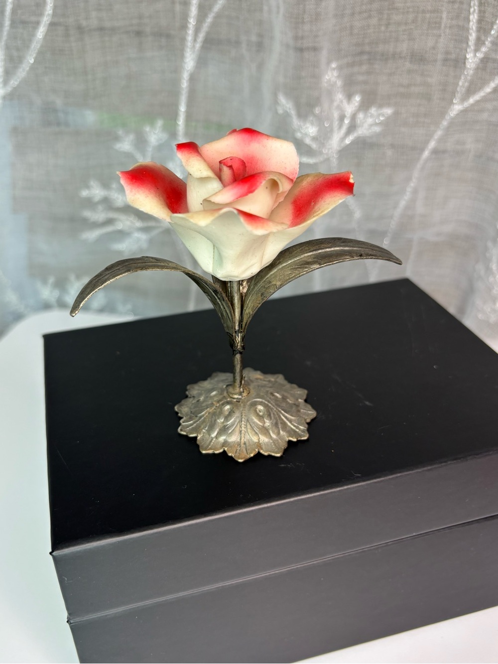 Vintage Italian Capodimonte Porcelain Rose W/A Silver-Plated Base & Stem Handmad